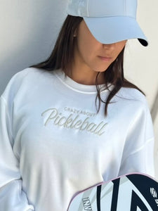 Pickleball Sweatshirt Embroidered Casual Relaxed Fit Crewneck White