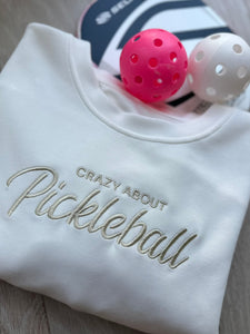 Pickleball Sweatshirt Embroidered Casual Relaxed Fit Crewneck White