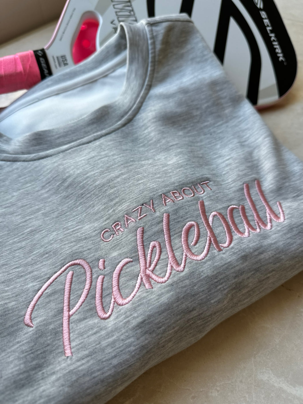 Pickleball Sweatshirt Embroidered Casual Relaxed Fit Crewneck Gray