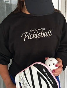 Pickleball Sweatshirt Embroidered Casual Relaxed Fit Crewneck Black