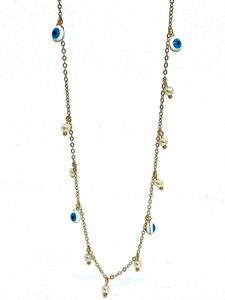 LUCKY EYE & PEARLS LONG NECKLACE